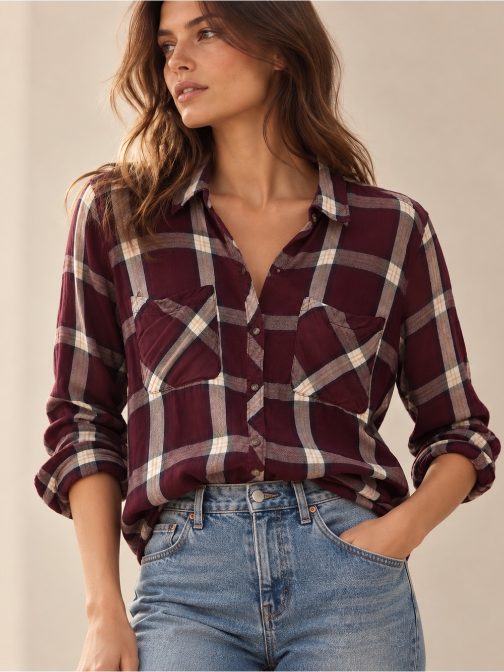 Abercrombie & Fitch Burgundy Plaid Button Down Shirt Small 100% Viscose